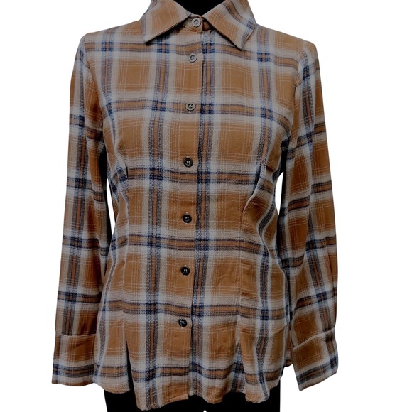 Anama Tops - Anama` Tailored Farmcore Flannel Long Sleeve Button Brown Plaid Cozy Small Shirt